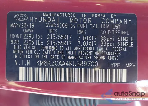 2019 Hyundai Kona Sel из США, поврежденный, VIN KM8K2CAA4KU389700